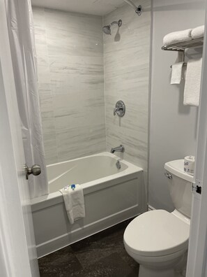Combined shower/tub, free toiletries, hair dryer, towels