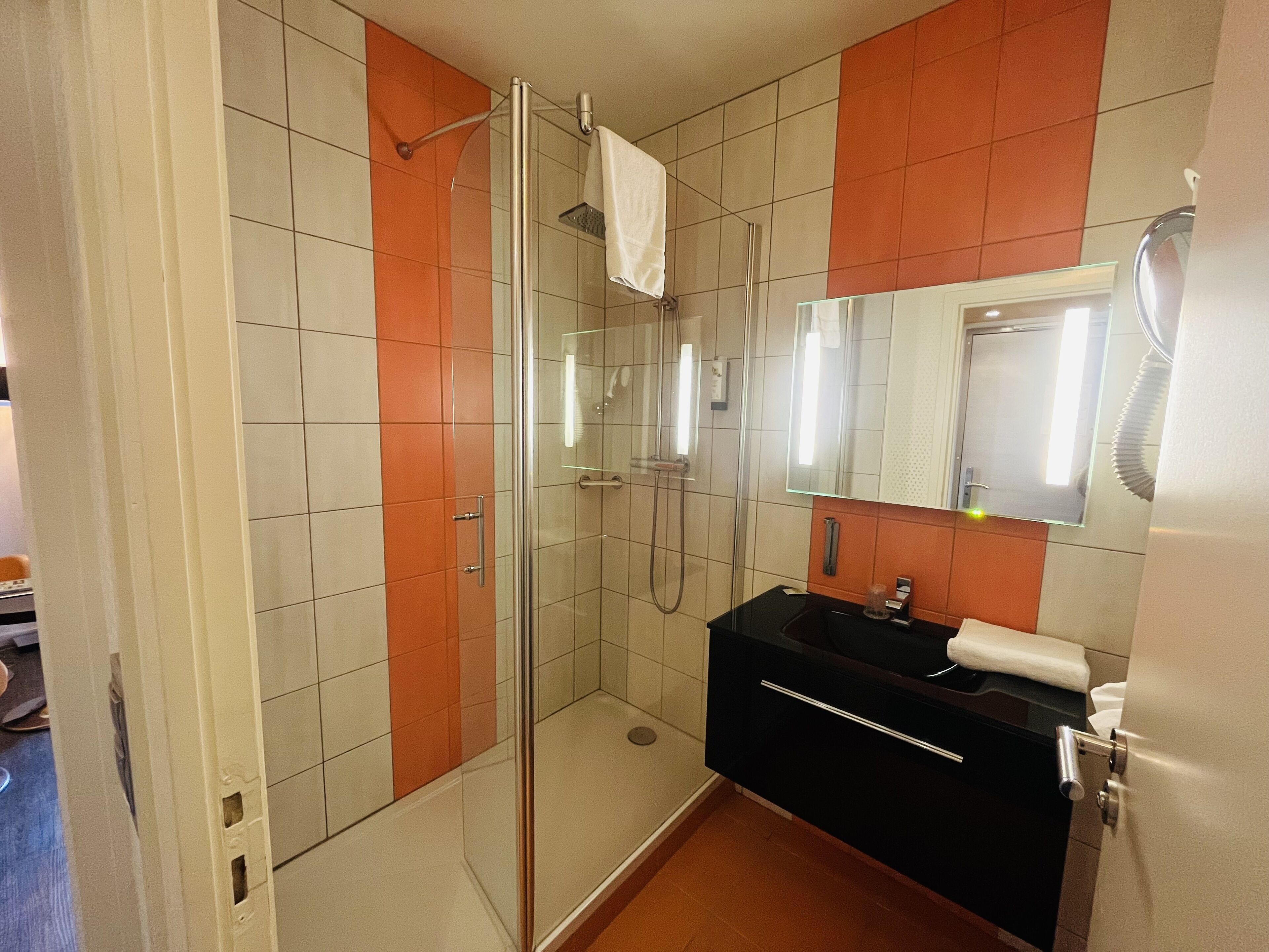 Een moderne badkamer met een douchecabine van glas, een zwarte wastafel en een spiegel erboven.
