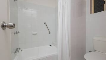 Un bagno con vasca, WC e zona doccia.