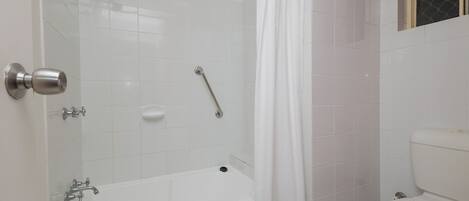 Une salle de bain équipée d’une baignoire, de toilettes et d’un espace douche.