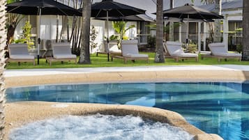 Outdoor pool, open 8:00 AM to 8:00 PM, sun loungers