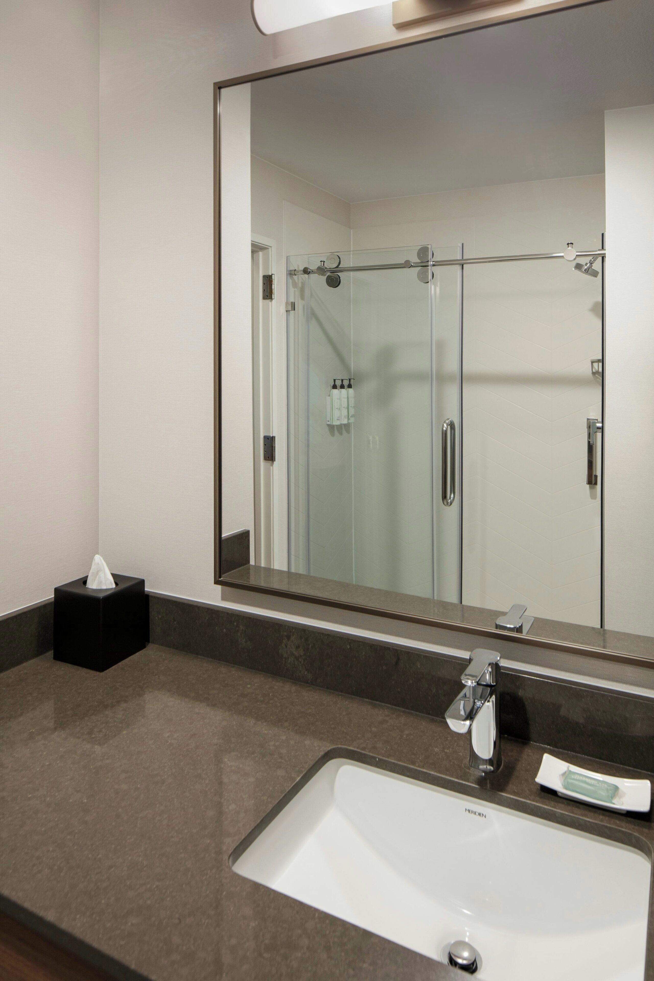 combined shower/bathtub, free toiletries, hair dryer