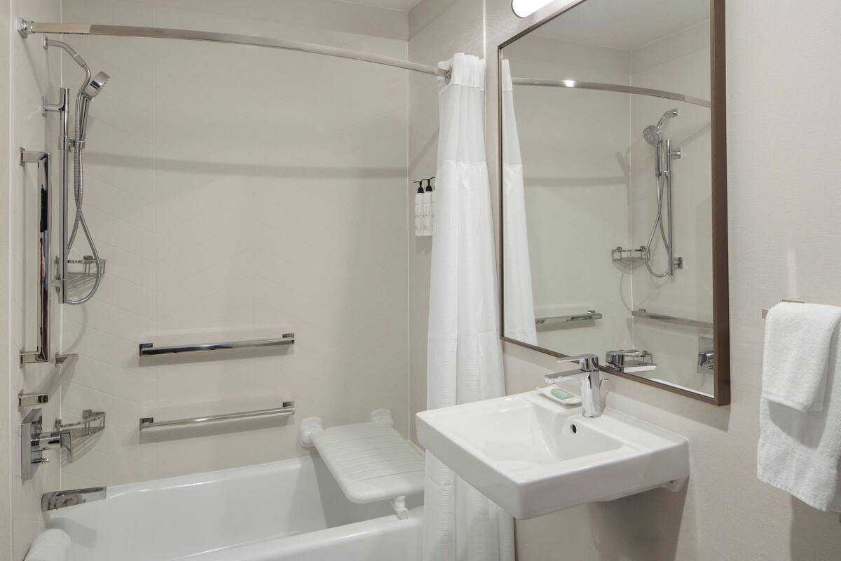 combined shower/bathtub, free toiletries, hair dryer