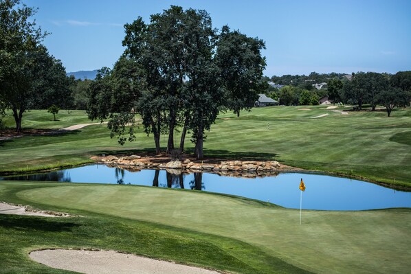 Um campo de golfe com lago, árvores e haste de bandeira.