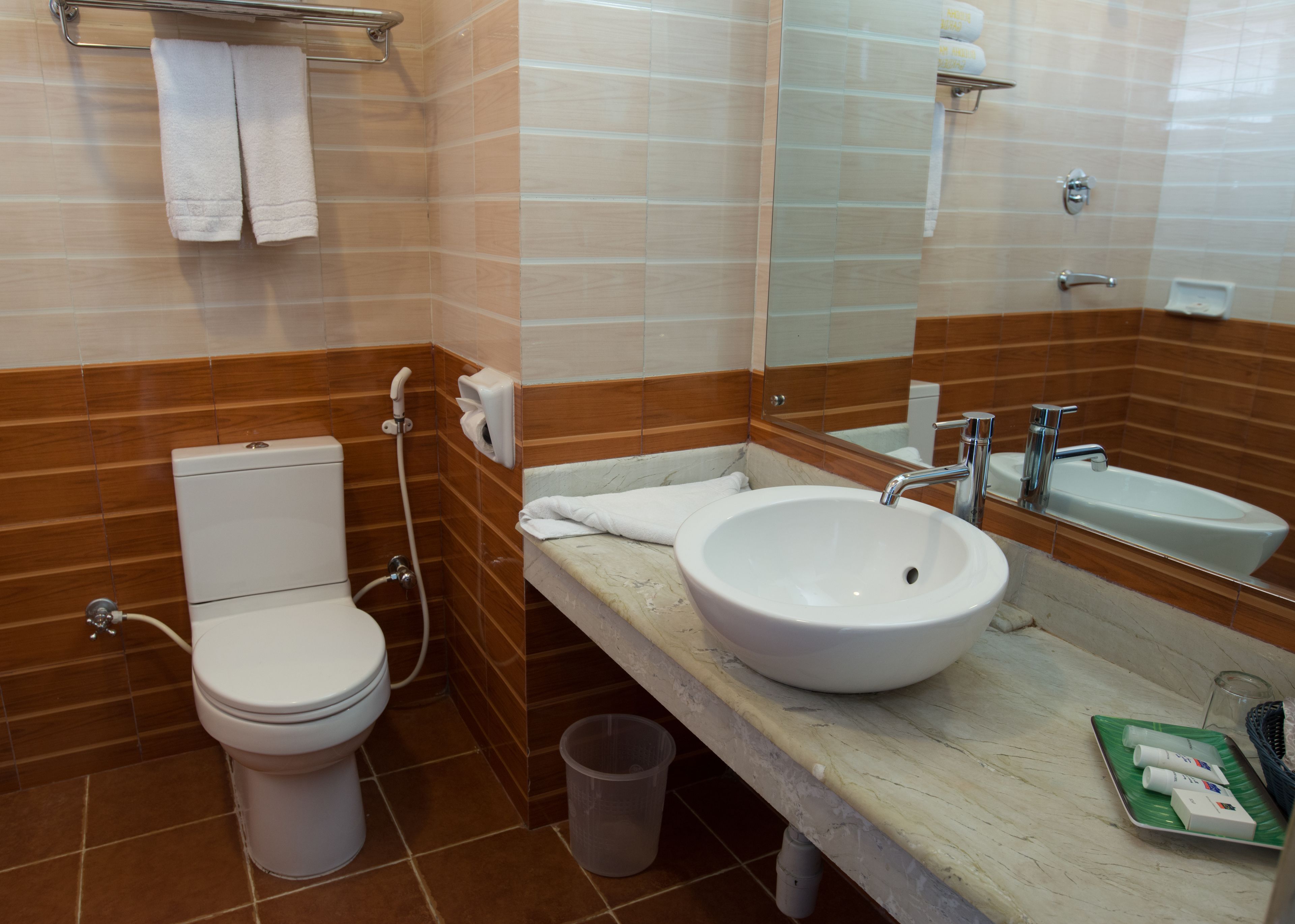 Une salle de bain avec des toilettes, un lavabo et un miroir.