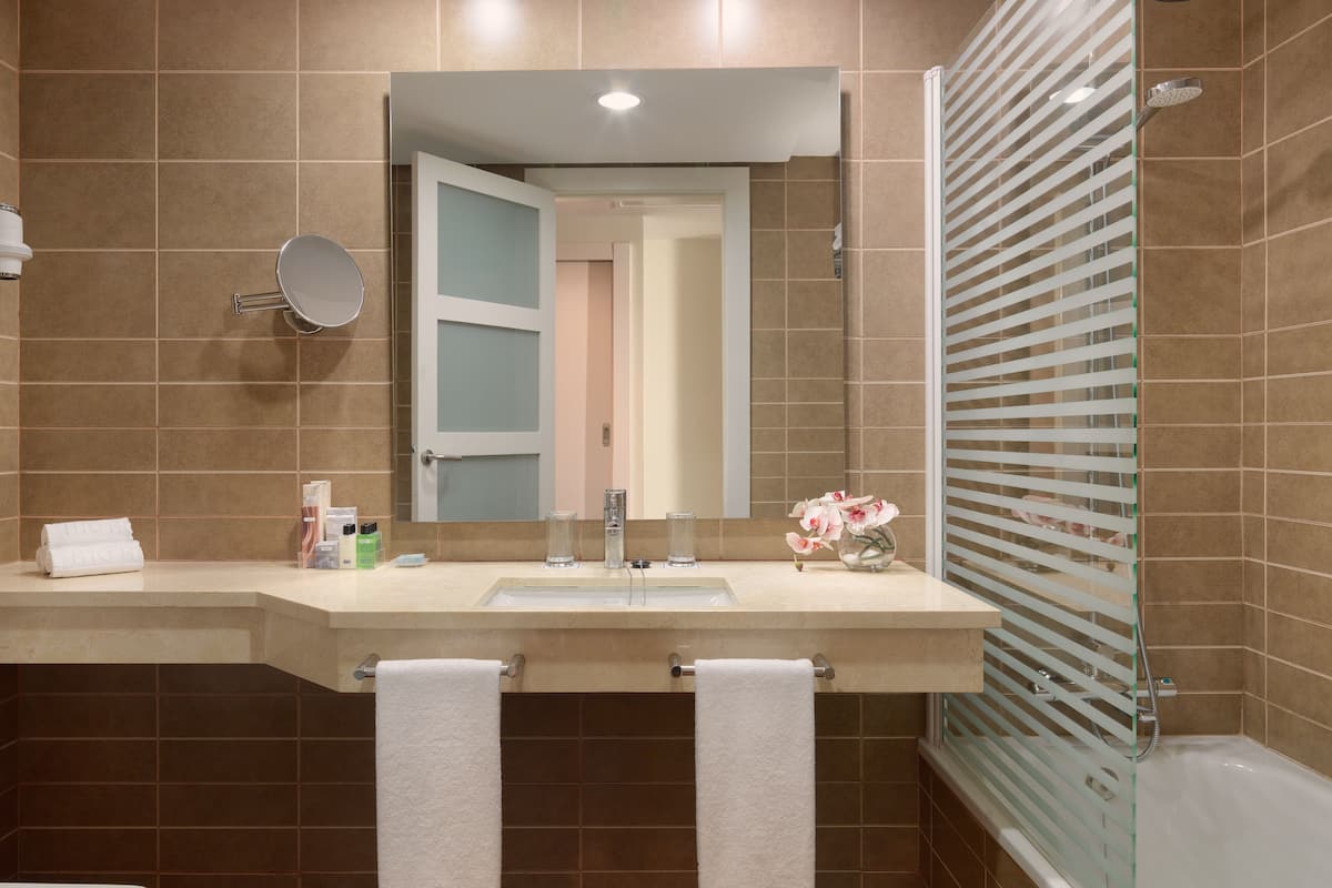 shower, hair dryer, bidet, towels