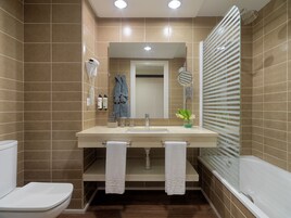 Hair dryer, bidet, towels, soap