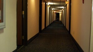 Un pasillo largo y estrecho con pisos alfombrados y paredes, flanqueado por puertas a ambos lados.