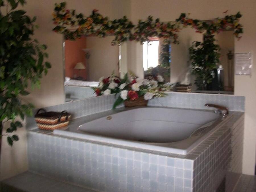 Un baño con una bañera grande, un espejo y un arreglo floral sobre el espejo.