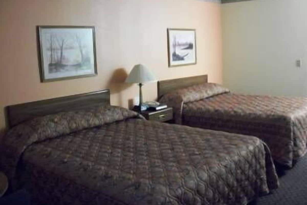 Habitación de hotel con dos camas, una mesita de noche, una lámpara y dos cuadros en la pared.