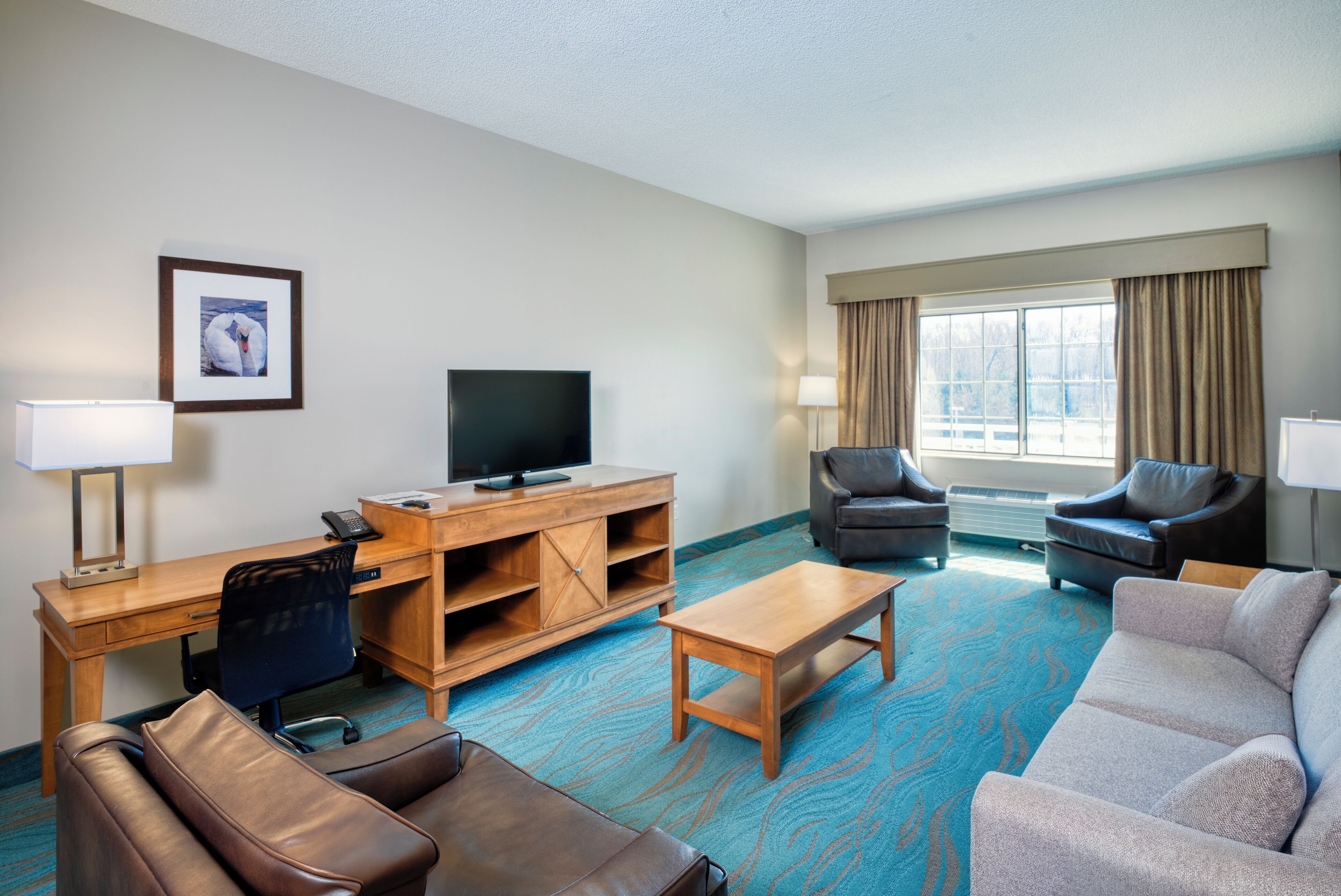 A hotel room with a wooden desk, a television, two armchairs, a sofa, and a patterned carpet.