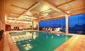 Indoor pool, a lap pool, sun loungers