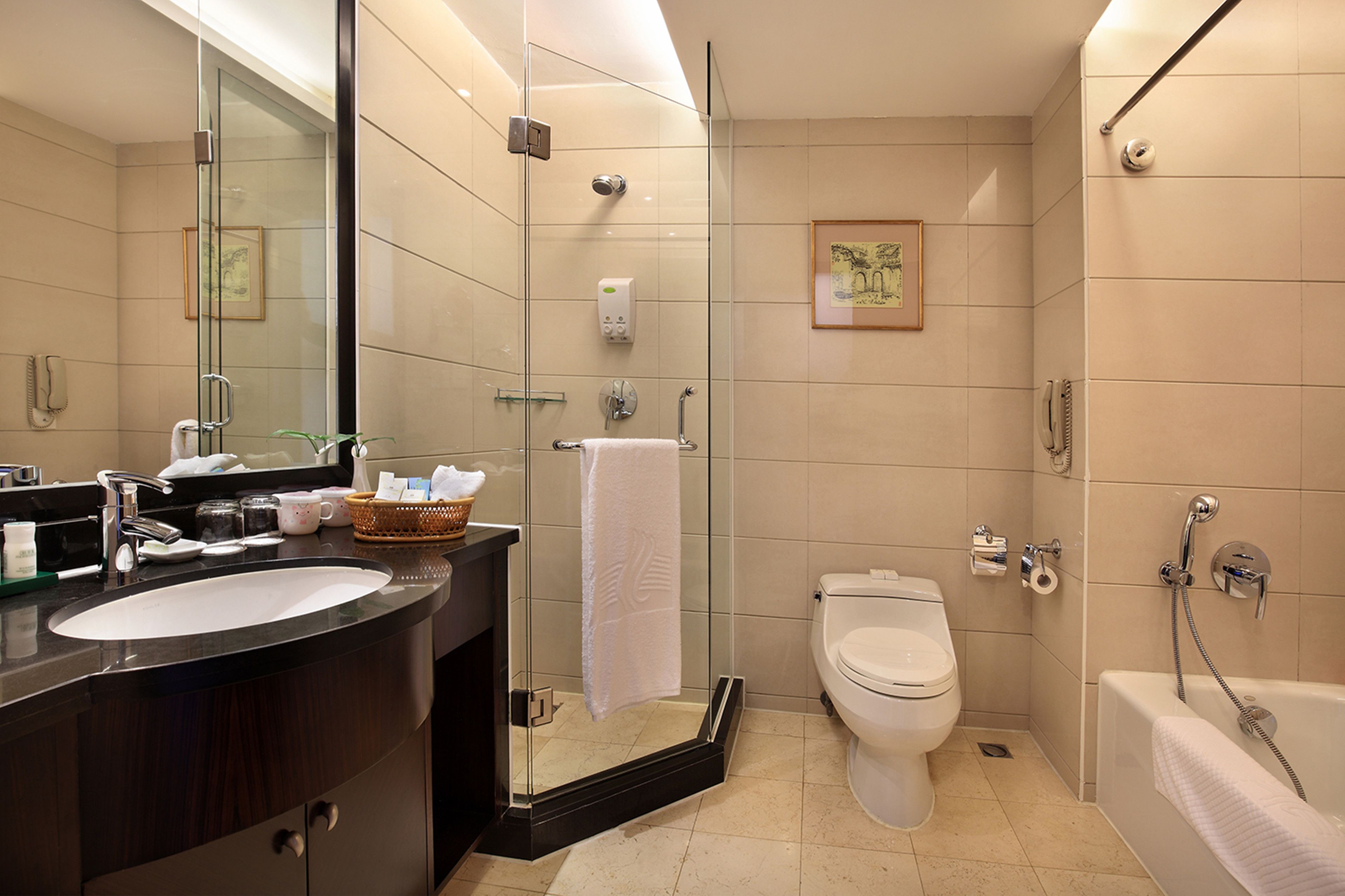 A modern bathroom with a glass-enclosed shower, a white toilet, and a bathtub.