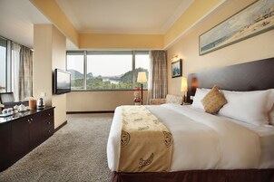 Habitación de hotel con una cama grande, televisión, escritorio con lámpara y vistas al exterior.