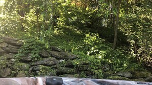 Ein Thermalbad mit klarem Wasser, umgeben von üppiger Vegetation und Felsen.