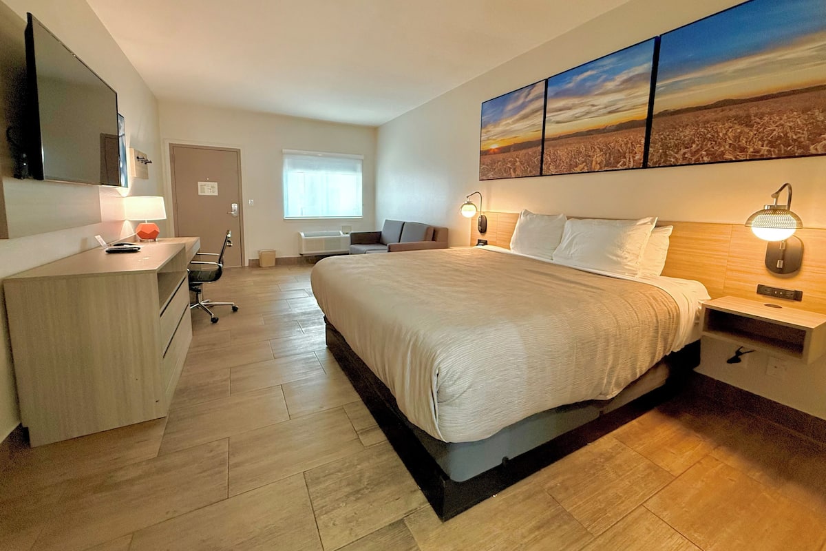 Une chambre d’hôtel avec un lit, un bureau, une chaise et une œuvre d’art au mur.