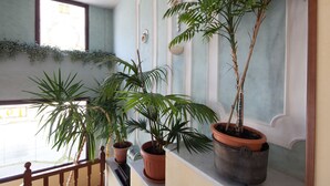 Un balcón con plantas en macetas y barandilla de madera.