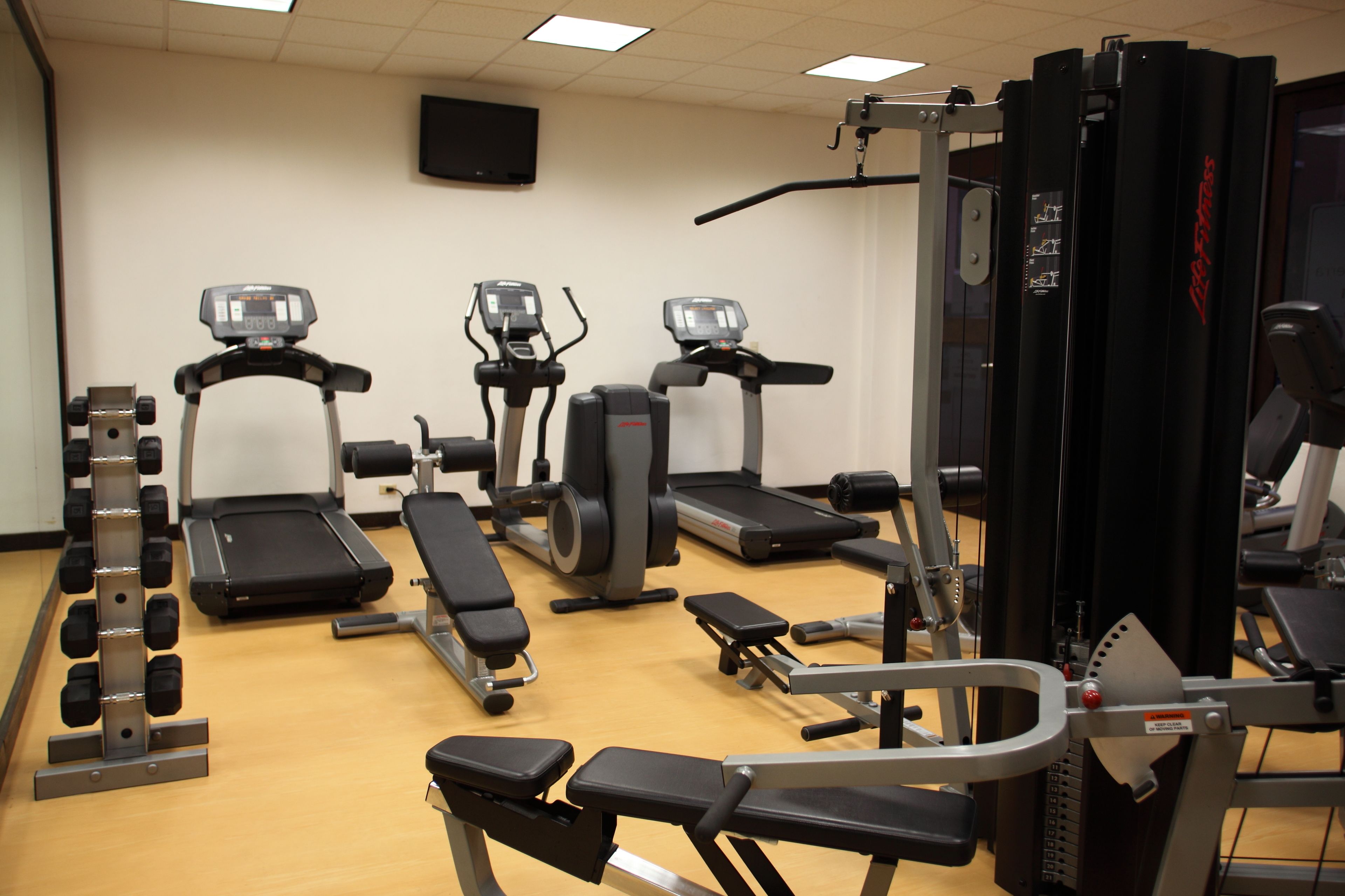 A gym with treadmills, elliptical machines, and weightlifting equipment.