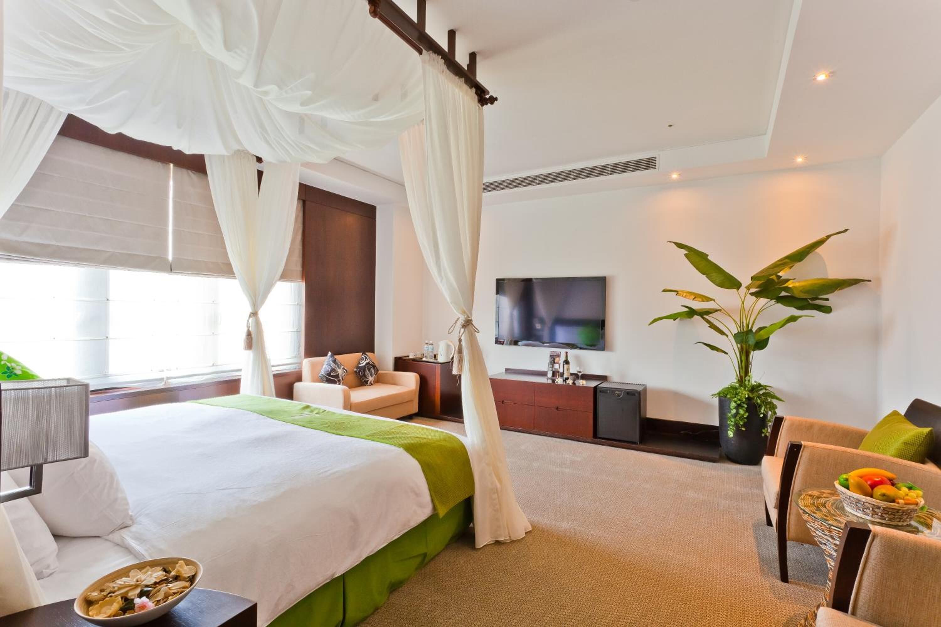 A hotel room with a large bed, a TV, a desk with a chair, a plant, and a dining area with a table and chairs.