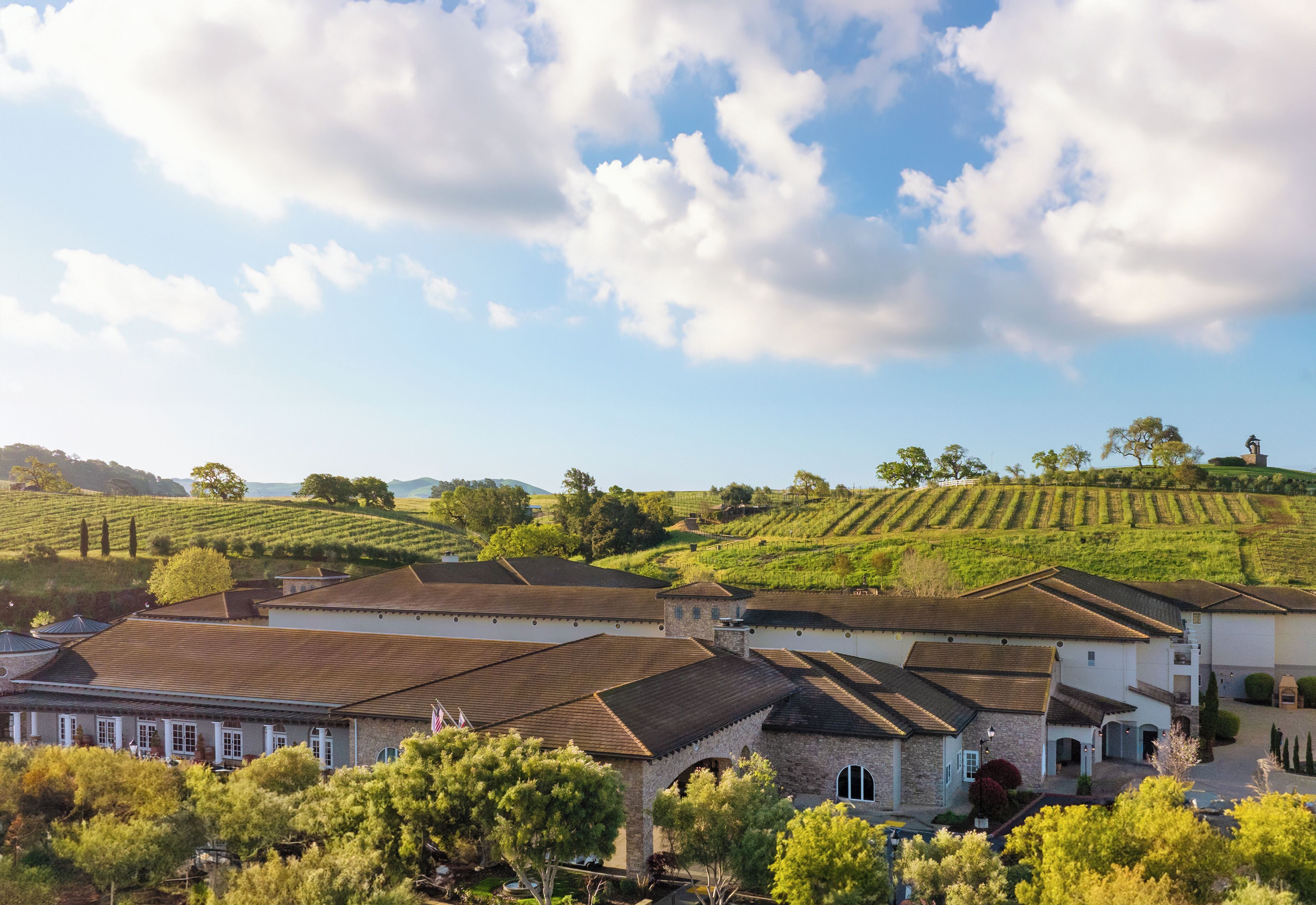 A vineyard estate with multiple buildings, including a large house with a central courtyard and smaller structures.