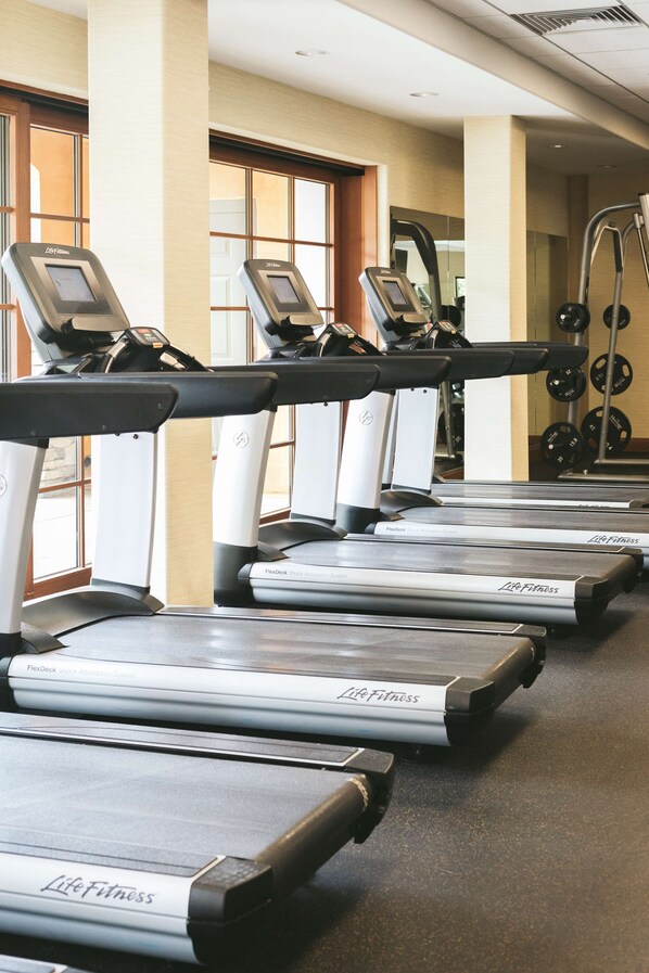 En række Life Fitness løbebånd i et fitnesscenter med store vinduer og et vægtstativ i baggrunden.
