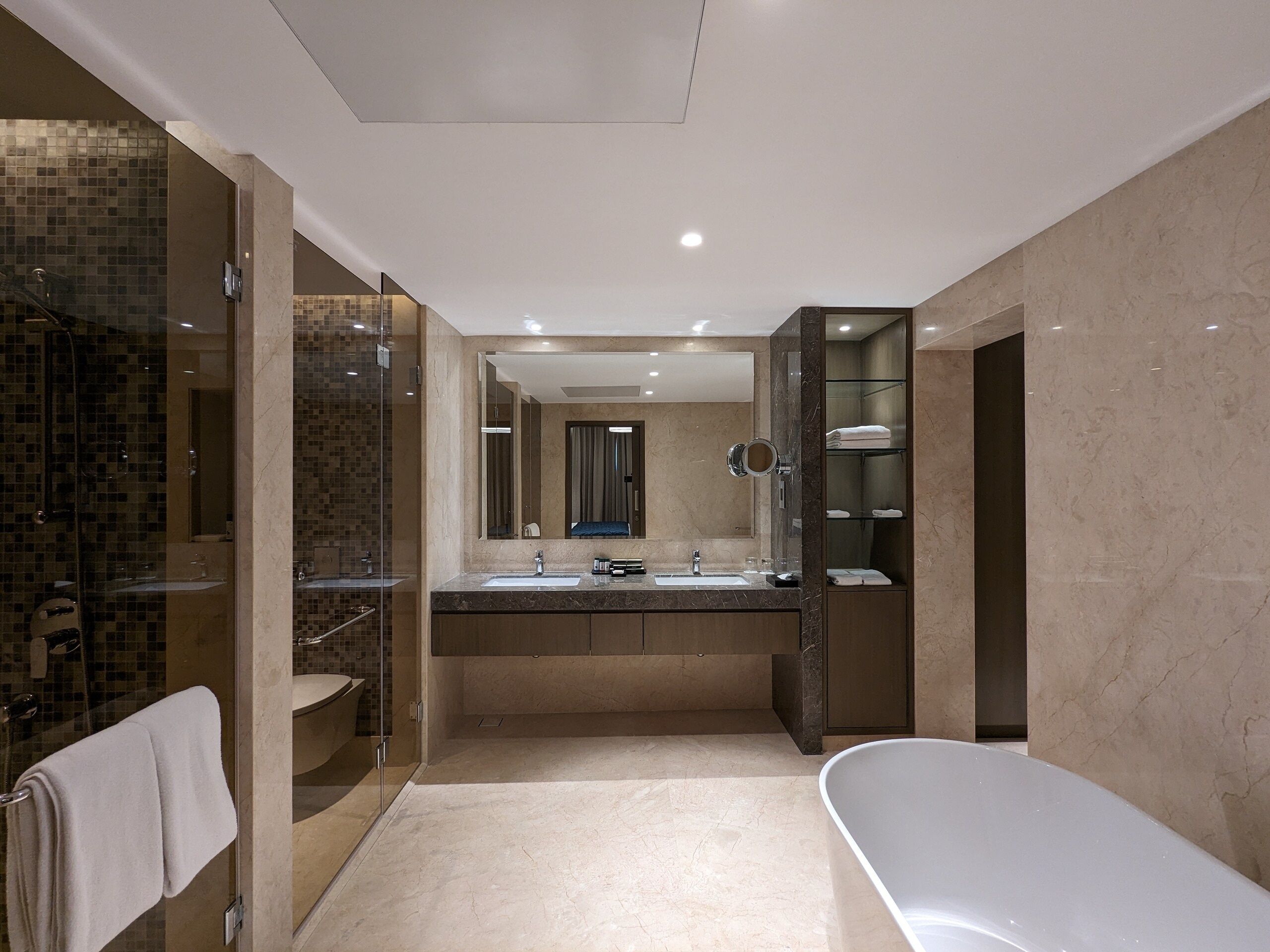 suite | bathroom | rainfall showerhead, free toiletries, hair dryer, bathrobes