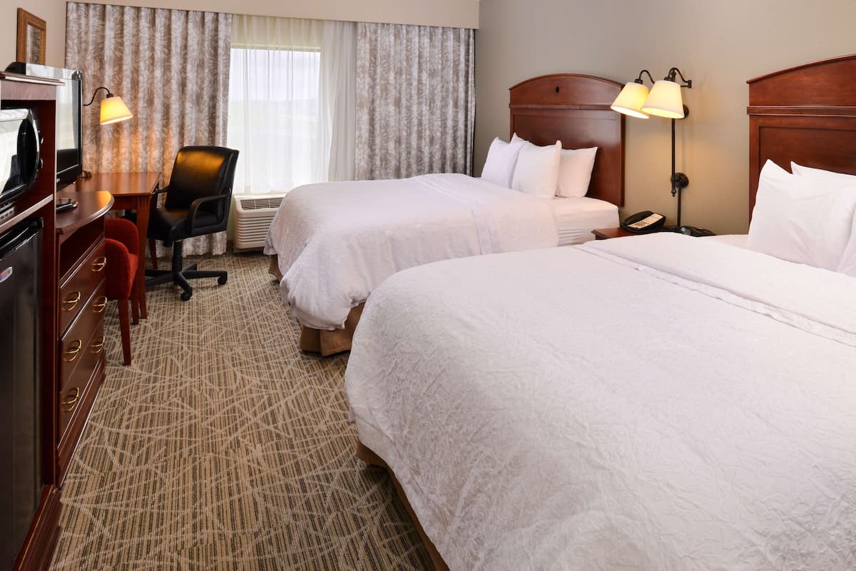 A hotel room with two beds, a desk with a chair, a TV, and a lamp.