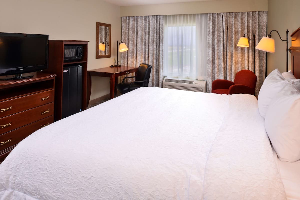 A hotel room with a large bed, a desk with a chair, a television, a mini-fridge, and an air conditioning unit.