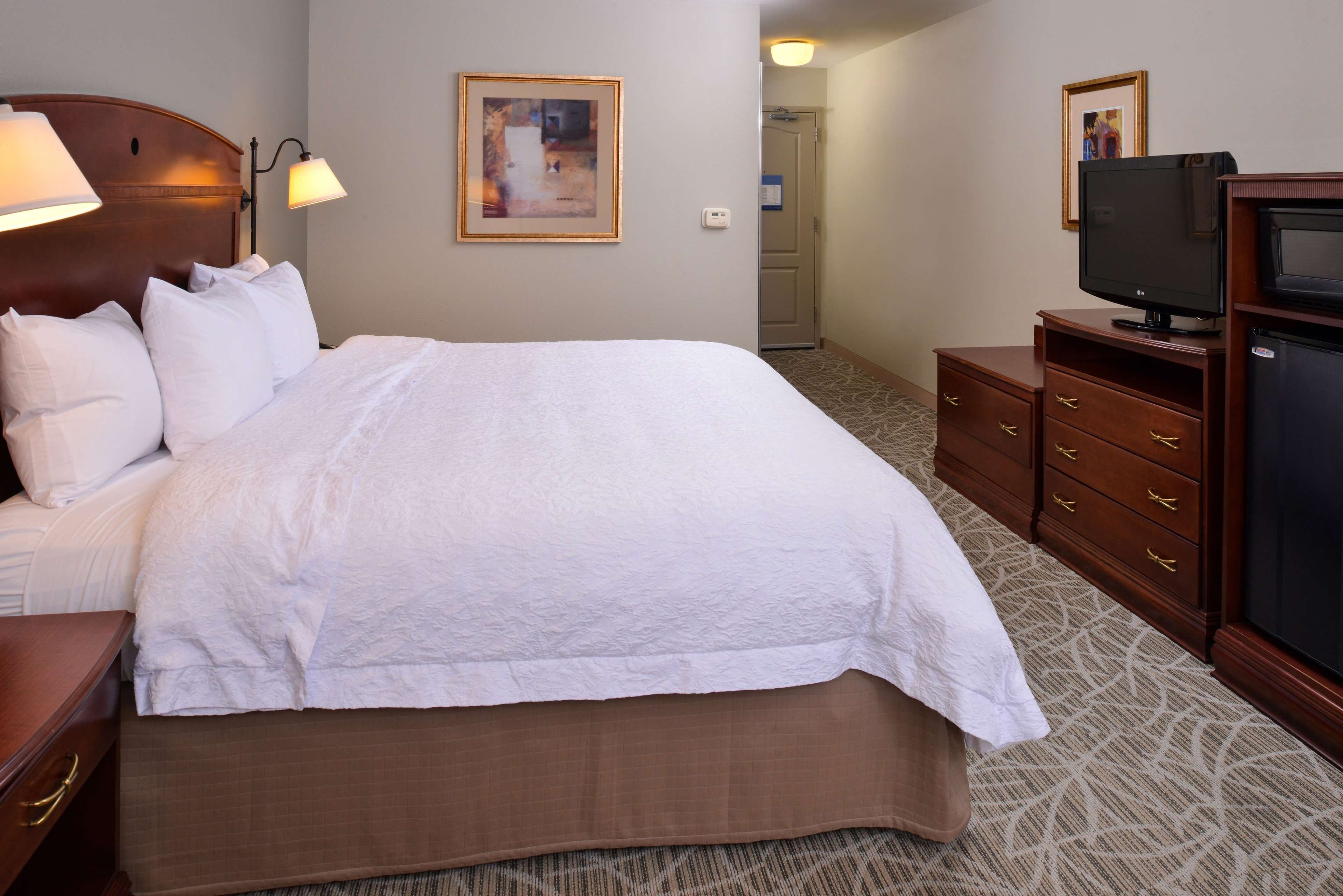 Habitación de hotel con una cama grande, televisión, cómoda y un cuadro en la pared.