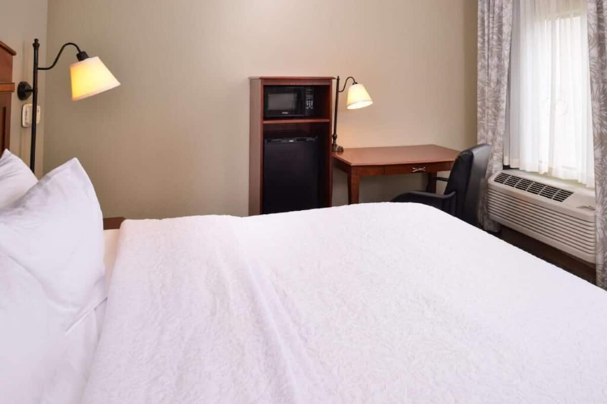 A hotel room with a bed, a desk, a microwave, and a chair.