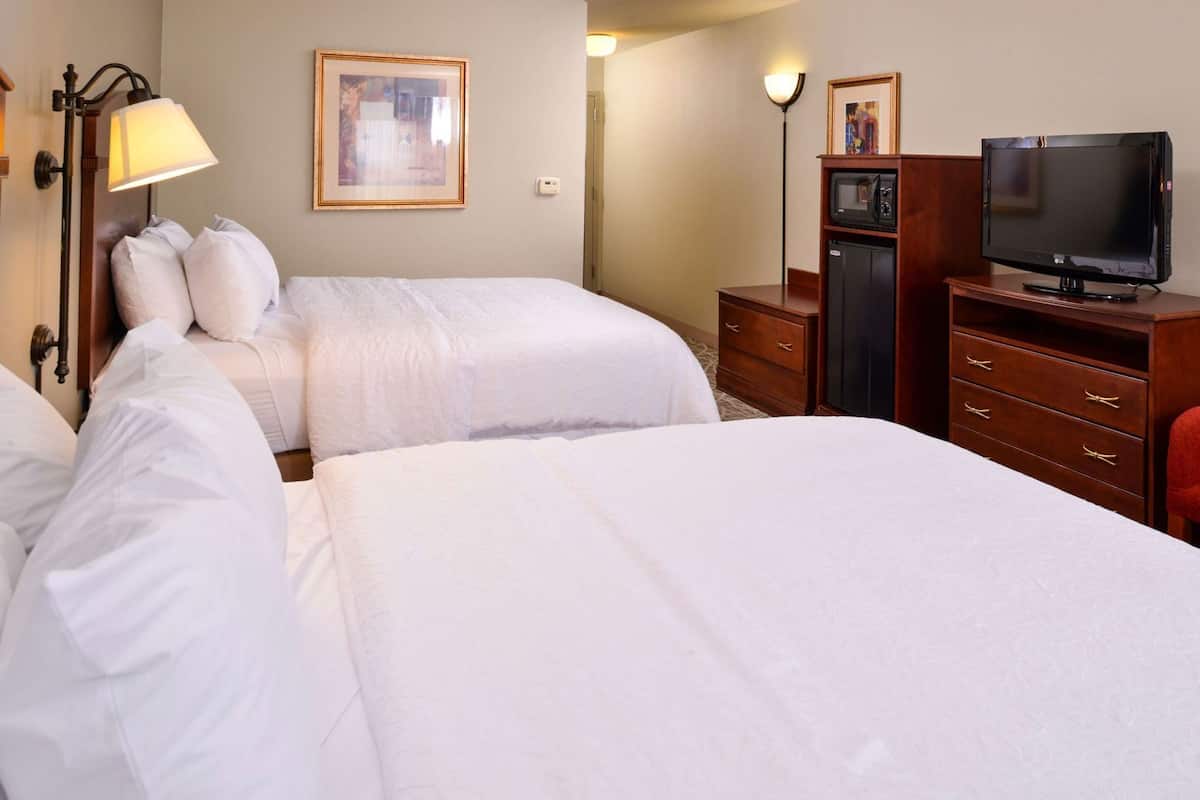 A hotel room with two beds, a television, a dresser, and a framed picture on the wall.