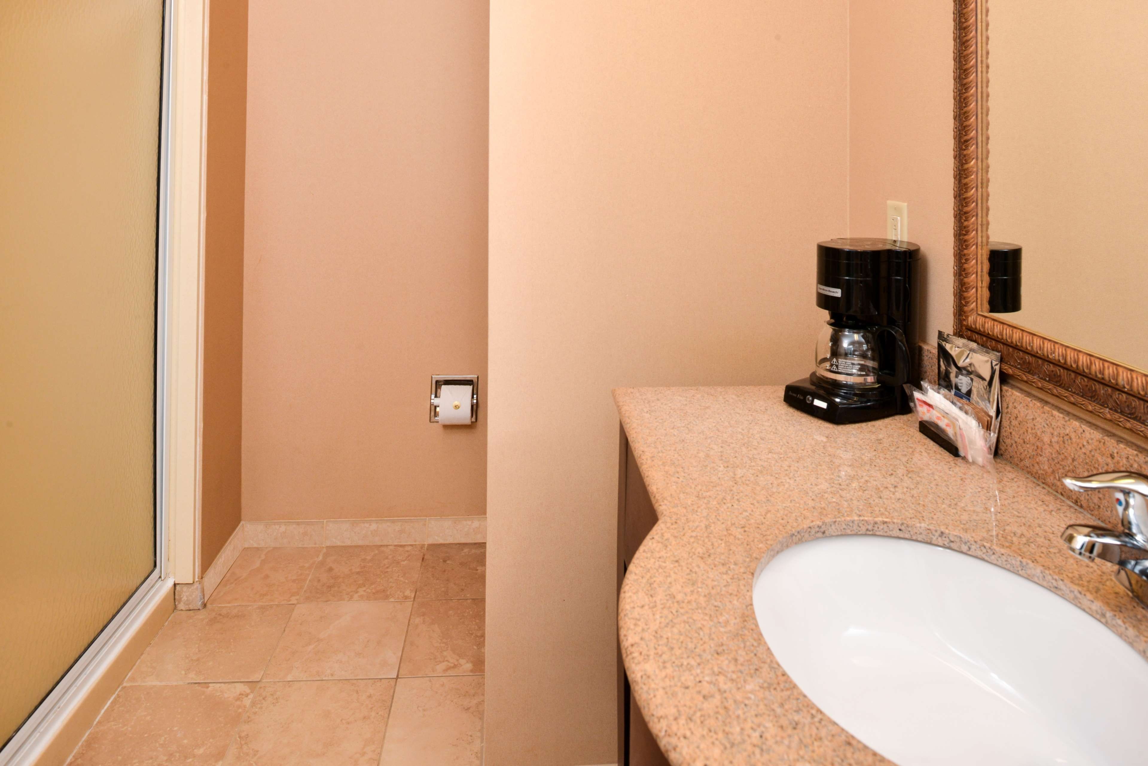 A bathroom with a sink, a coffee maker, and a mirror.