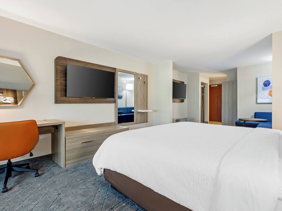 Habitación de hotel con una cama grande, un escritorio con una silla, un televisor de pantalla plana, un espejo y un cuadro en la pared.