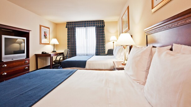 Quarto de hotel com duas camas, televisão, secretária e duas luminárias.