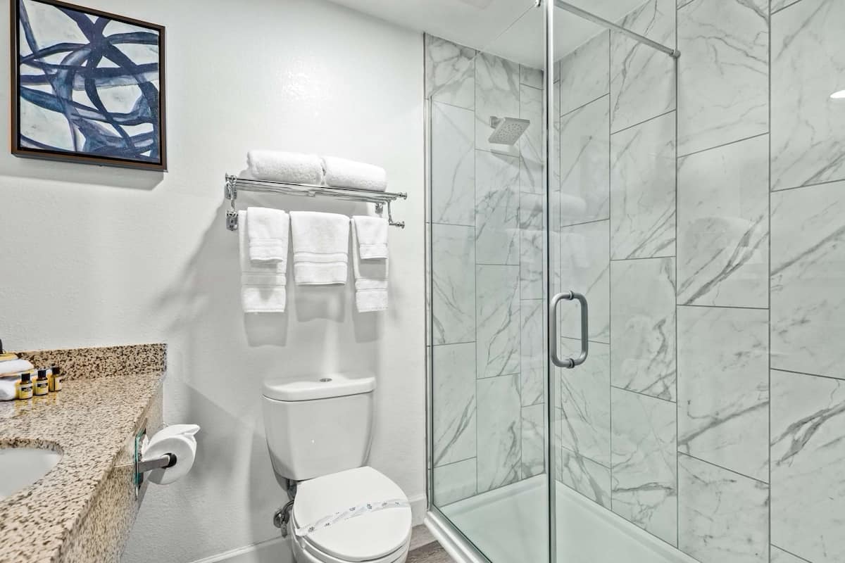 A bathroom with a toilet, a glass shower enclosure, and a marble-tiled wall.