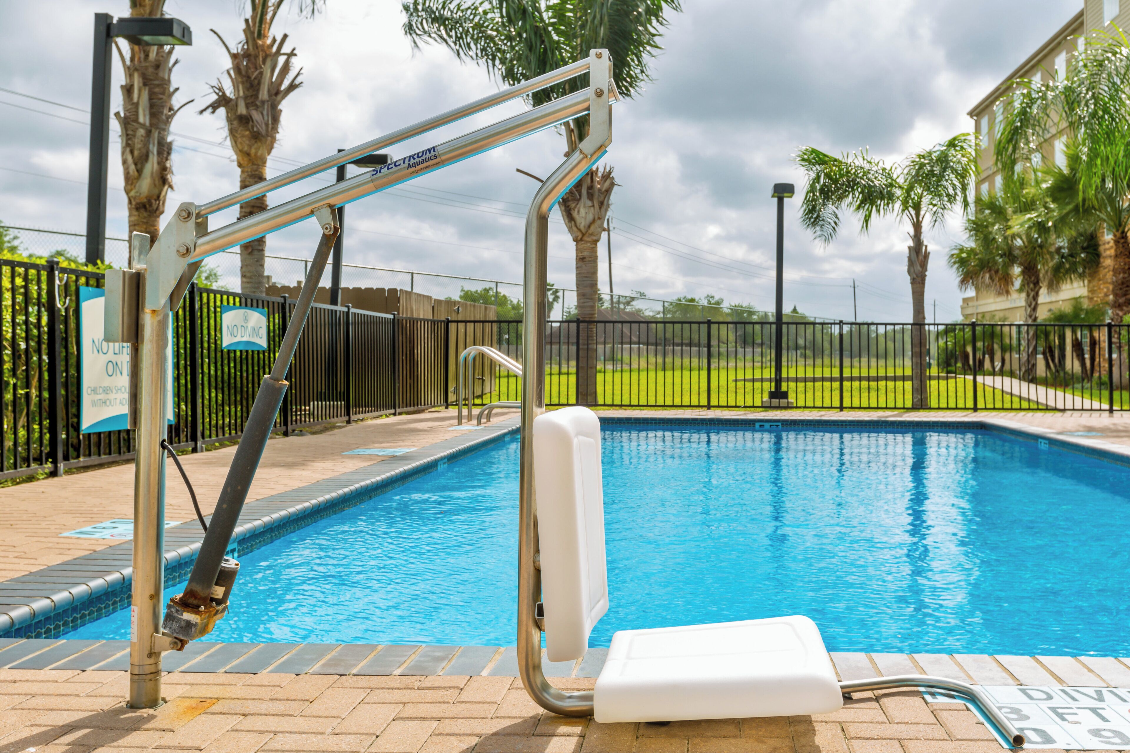 A swimming pool with a diving board, surrounded by a fence, palm trees, and a grassy area.