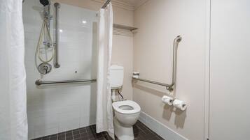 Een badkamer met een wit toilet, een douche met glazen deur en handgrepen.