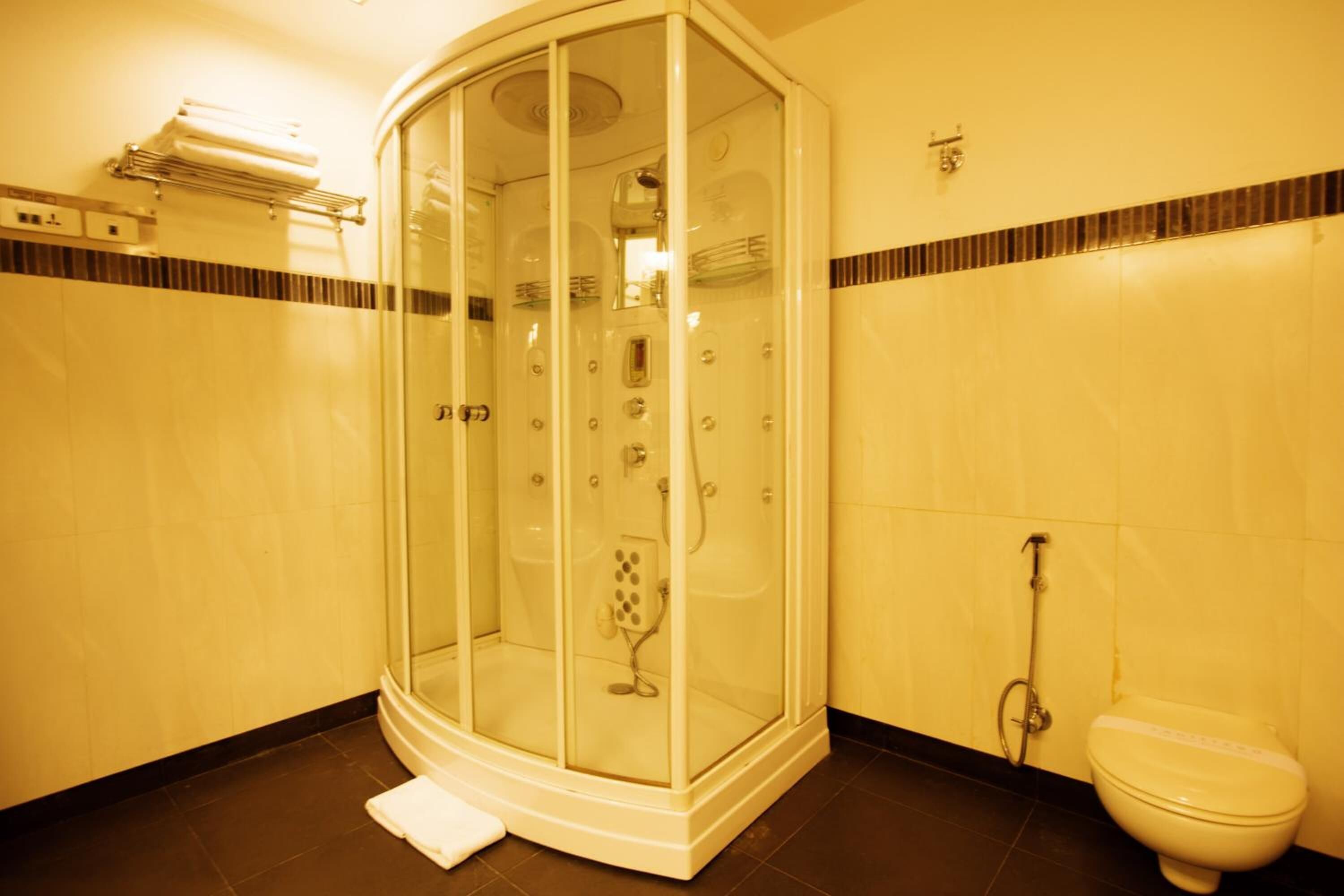 A corner bathroom with a glass-enclosed shower, a toilet, and a towel rack.