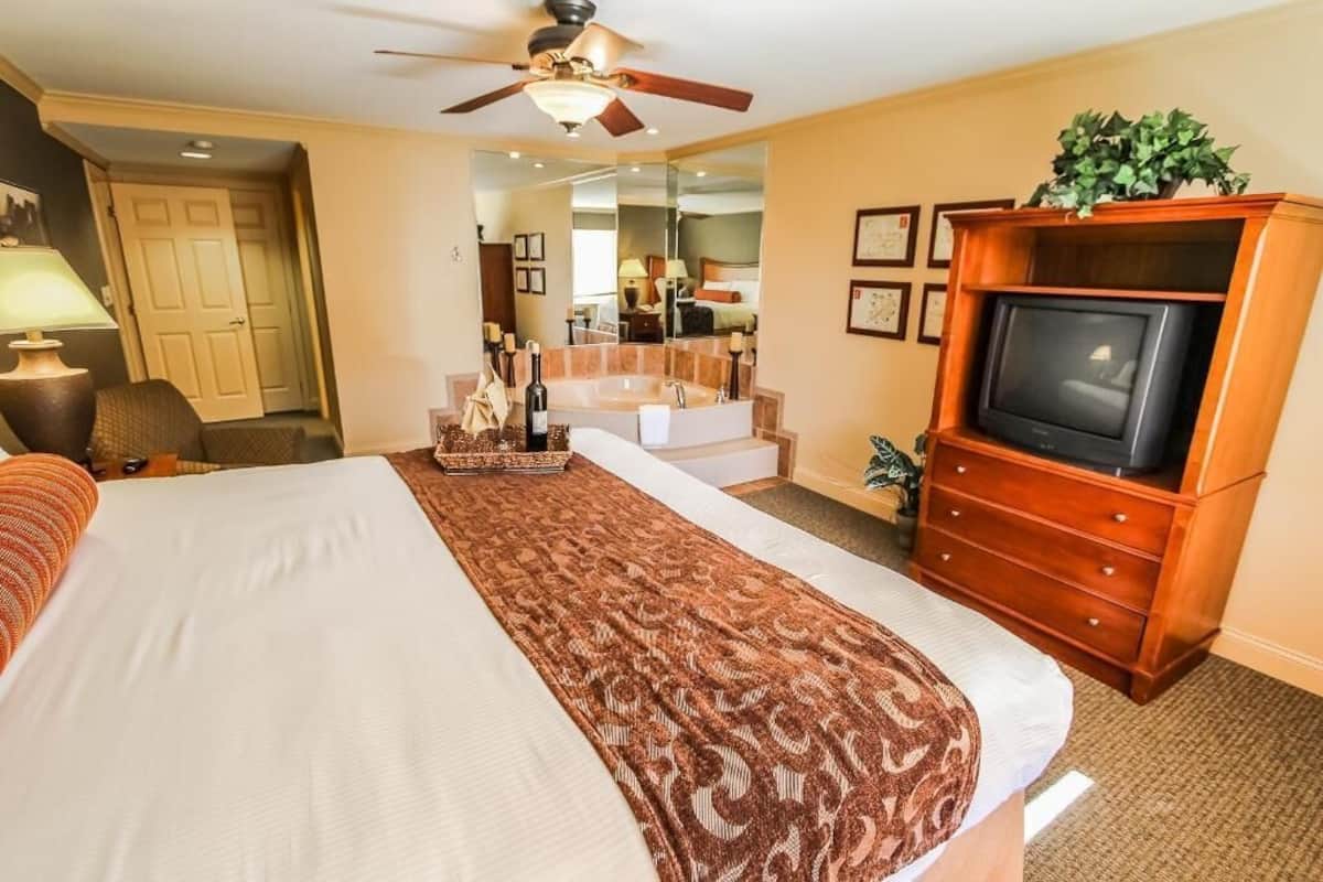 A hotel room with a large bed, a television, a ceiling fan, and a bathroom visible through a glass door.