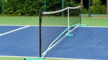 Una pista de tennis amb xarxa i línies delimitadores verdes.