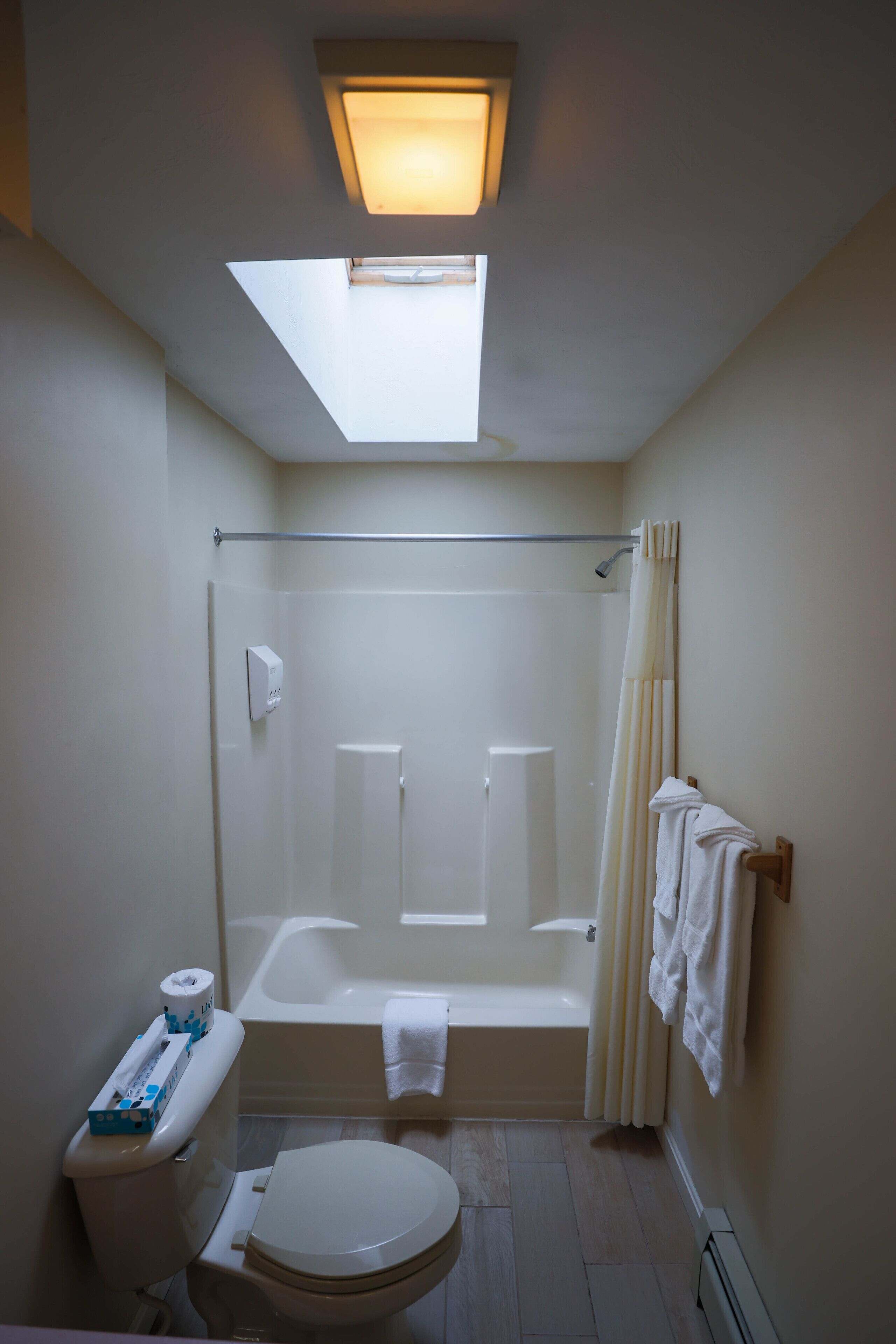 A bathroom with a skylight, a bathtub, a toilet, and a towel rack.