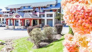 A hotel with a covered entrance, multiple floors, and a flag display.