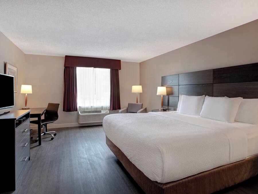 Une chambre d’hôtel avec un grand lit, un bureau avec une chaise, une télévision et deux lampes.