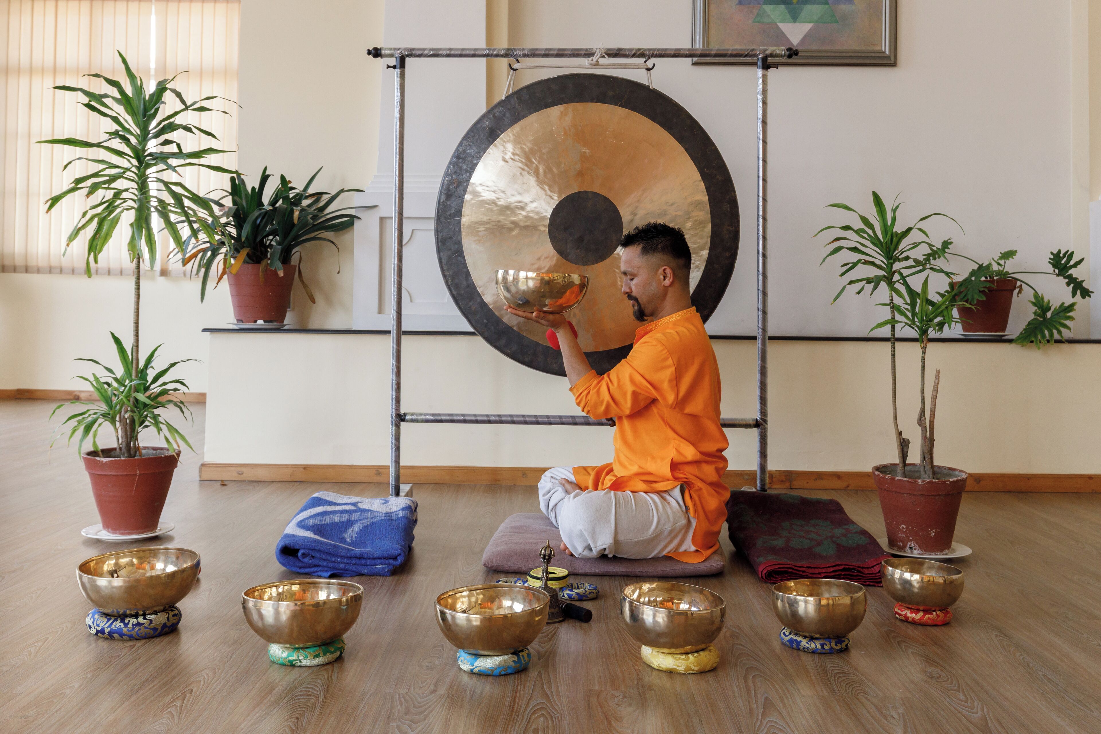 A room with a person sitting on a cushion, surrounded by several bowls on the floor, and potted plants.