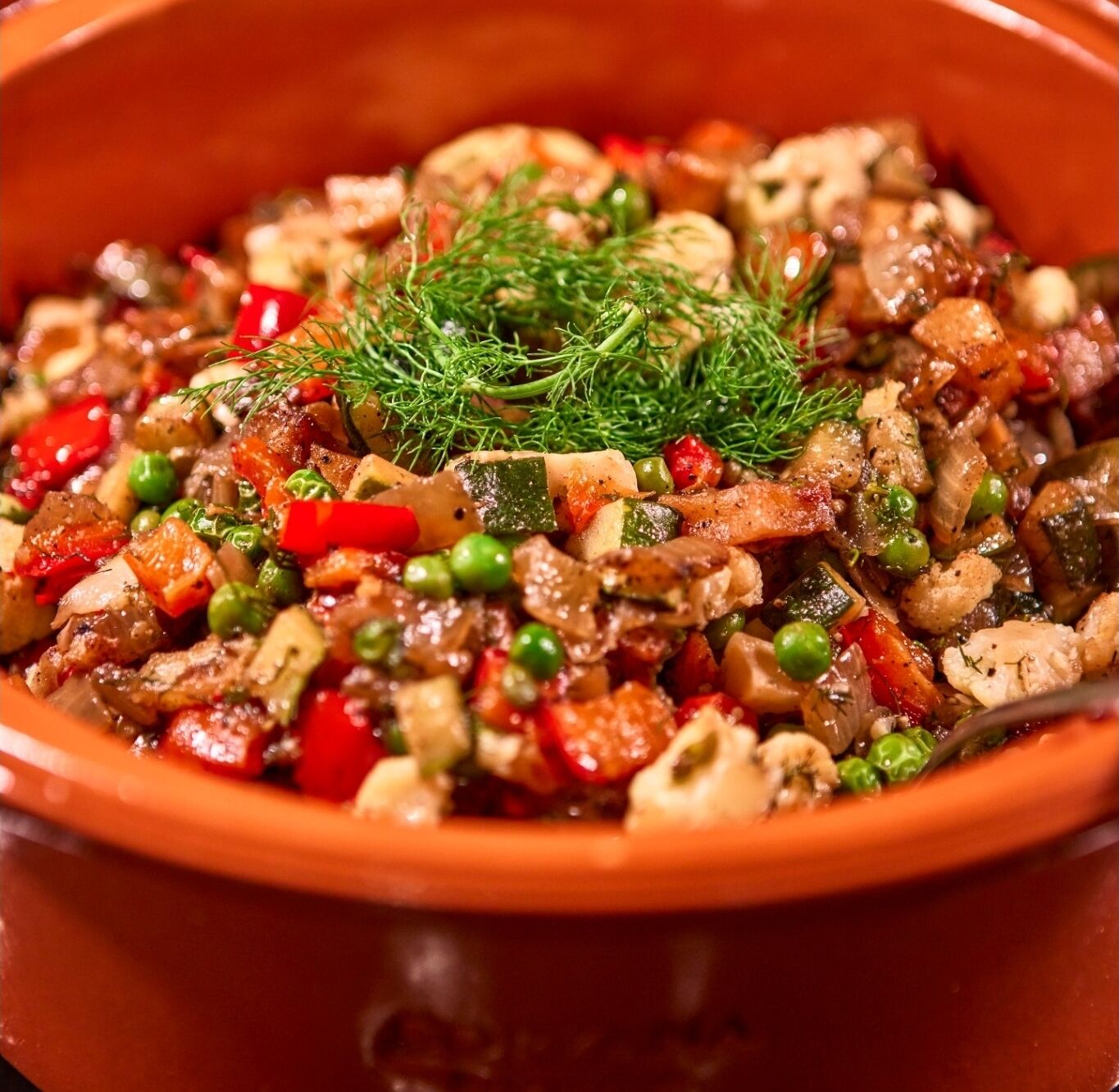 A close-up of a colorful vegetable and meat dish in a terracotta bowl, garnished with dill.