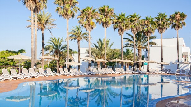 Un área de piscina con sillas de descanso y sombrillas, rodeada de palmeras.