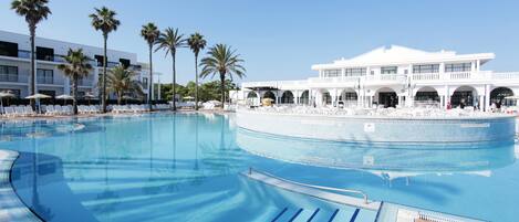 Outdoor pool, pool umbrellas, pool loungers