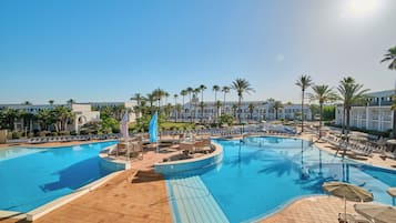 Outdoor pool, pool umbrellas, pool loungers