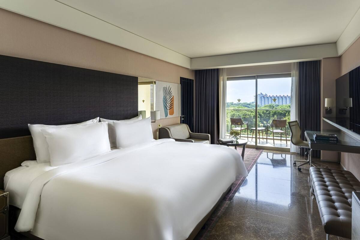 A hotel room with a large bed, a desk with a chair, a television, and a balcony with chairs.