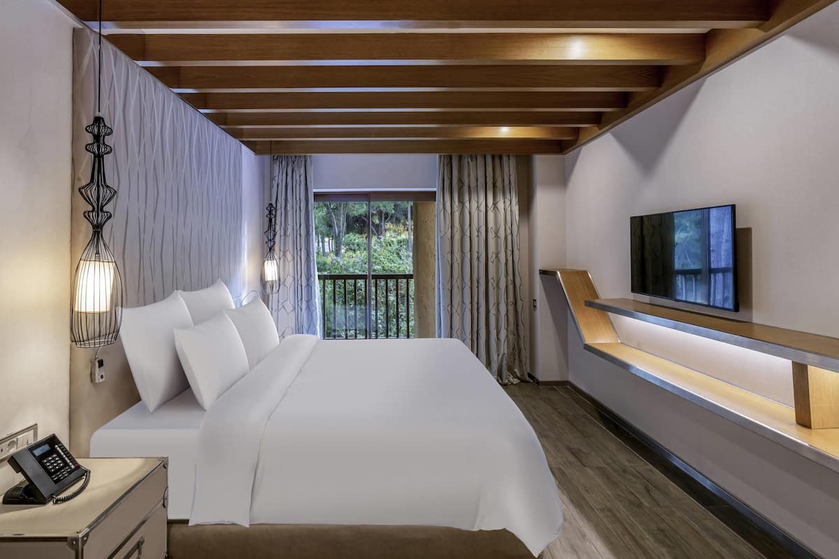 A modern bedroom with a bed, bedside table, lamp, TV, and a balcony with curtains.
